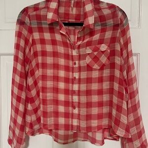 Free People Red and White Plaid Button Down Shirt